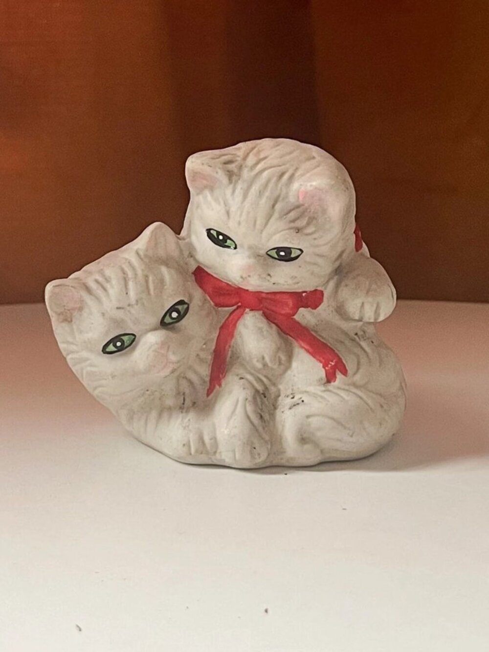 White Kitten Cat with Red Ribbon Ceramic Figurine